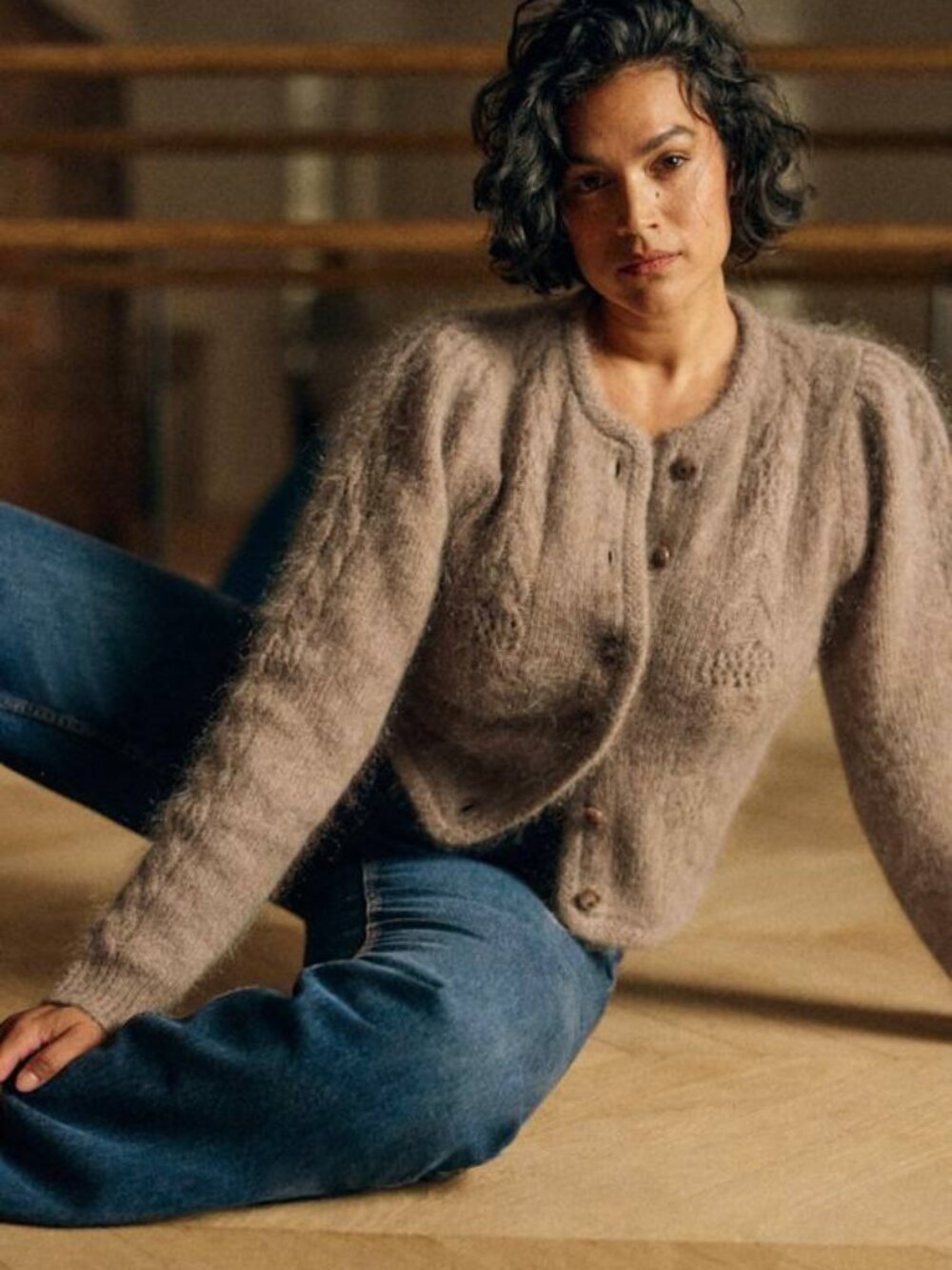 Like New Sezane Evy Mohair Wool Cardigan Taupe XXS